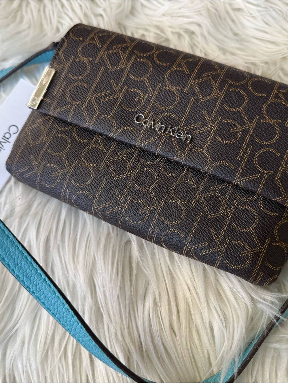 Calvin Klein Brown Logo Crossbody with Teal Strap